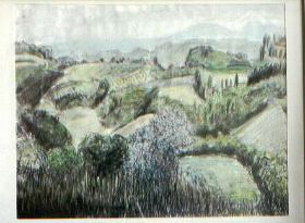 Landschaft bei Colleoli, Palaia, Italien,  Ölpastell über Acrylfarbe, auf Papier, 56 x 75 cm.jpg